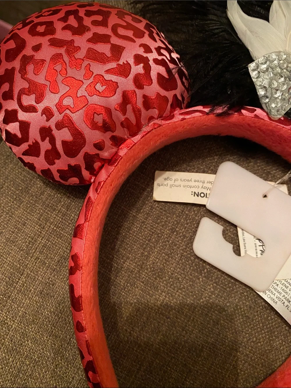 Disney Pink Leopard Print Minnie Ears Headband with White Rose & Feather